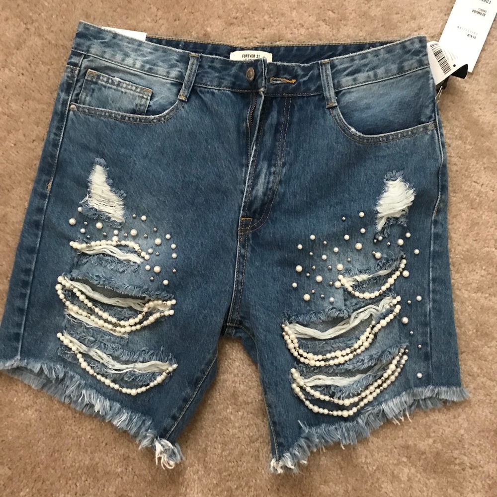 Embellished jean Bermuda shorts